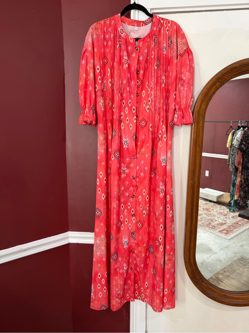 Red Patterned Button-Front Maxi Dress